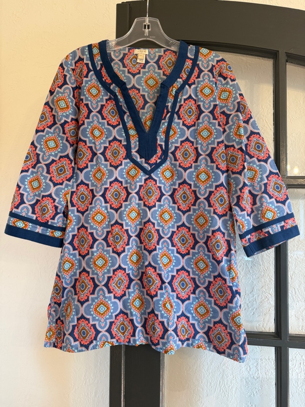 J. Crew Multicolor Geometric Print Tunic Top in Blue and Coral